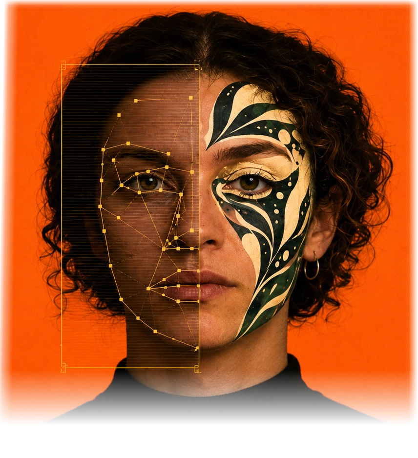 Portrait split between face-recognition overlay and adversarial camouflage.