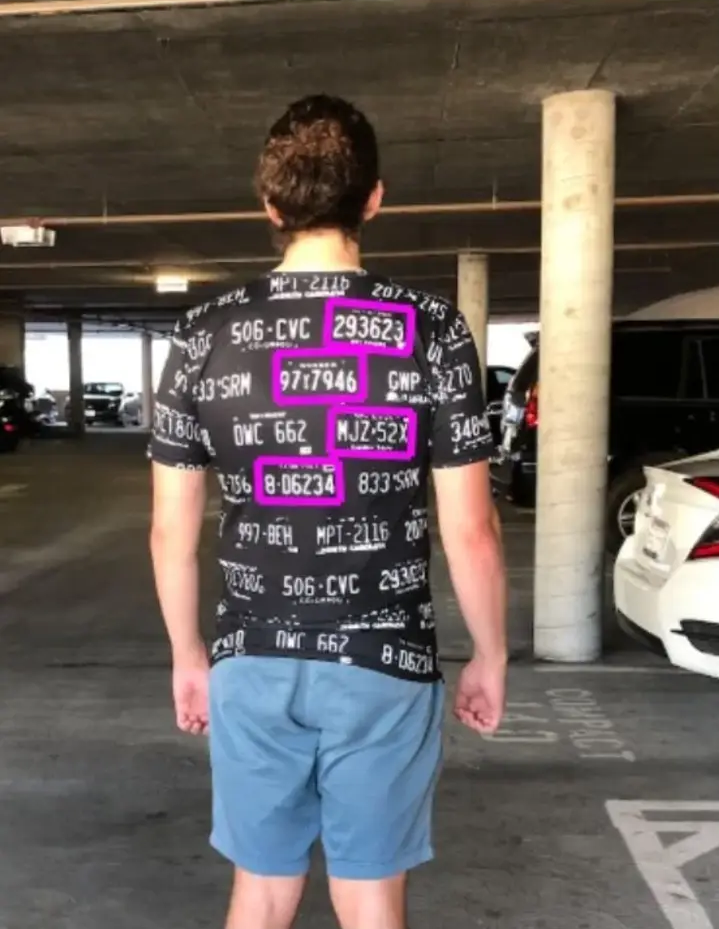 A shirt printed with rows of vehicle number plates.