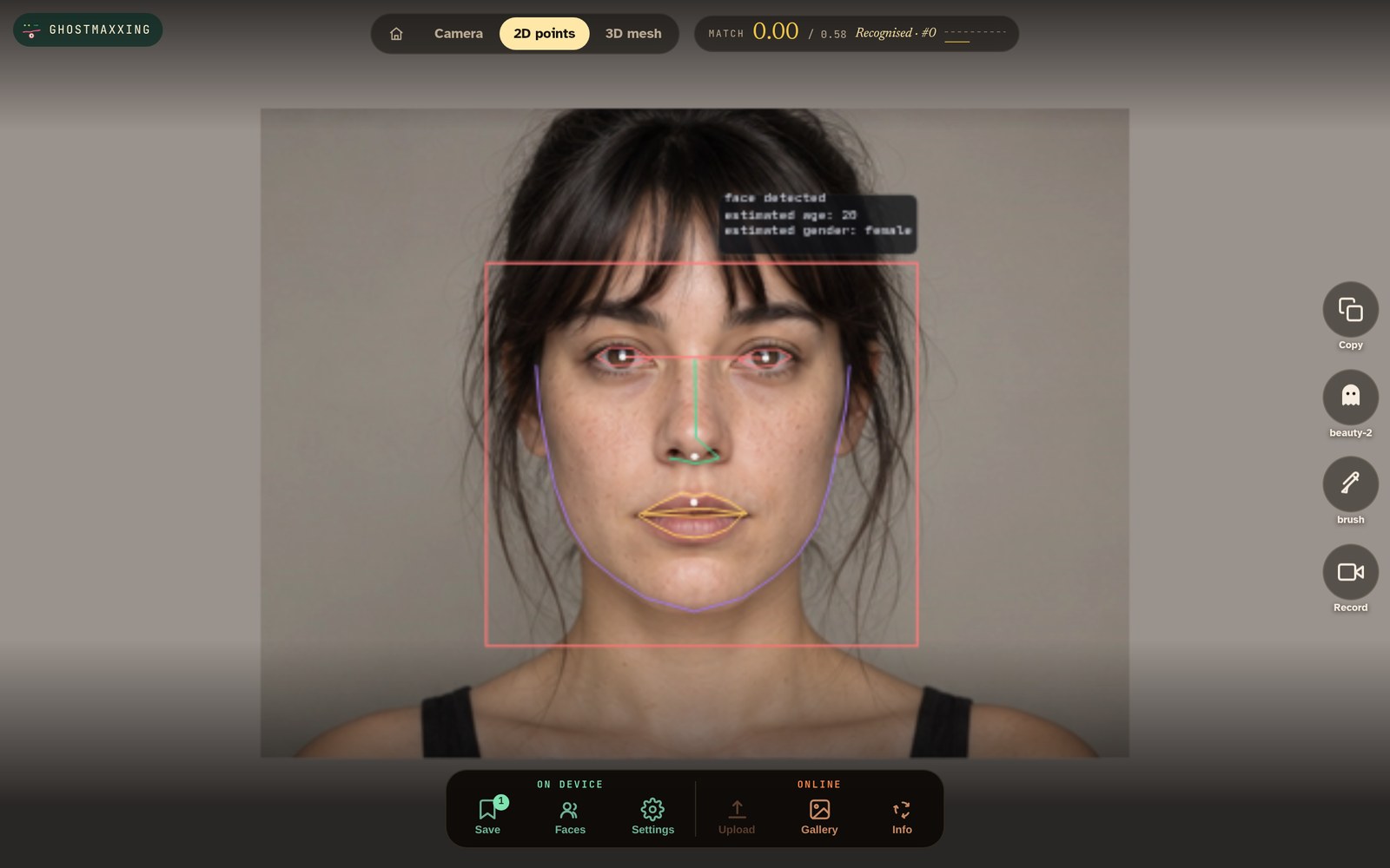 The lab with a face detected, landmarks drawn, and the readout showing match 0.00 against a 0.58 threshold, recognised as ID zero