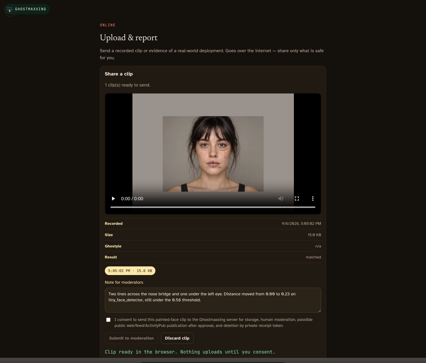 The lab upload screen: a recorded clip with its metadata, a note field for moderators, an unticked consent checkbox and a disabled submit button